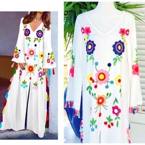 White Floral Kaftan with Tassel Detail